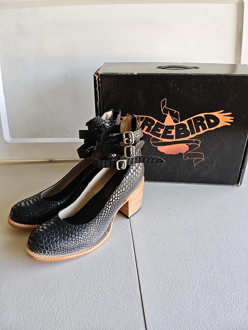 Freebird FB-RAND Pumps Womens Size 7 Black Leather Ankle Strap Block Heel Boho